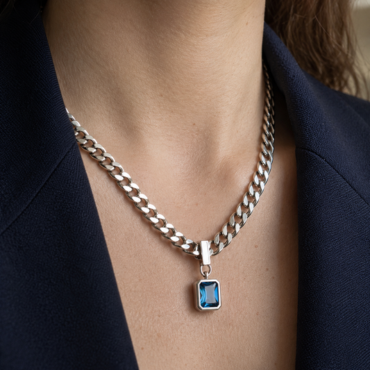 Collar de plata 925 con colgante de circonita azul - Océano
