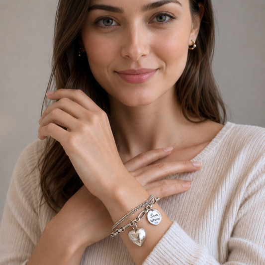 Pulsera de Plata 925 con doble cadena y colgante de corazón - Forever