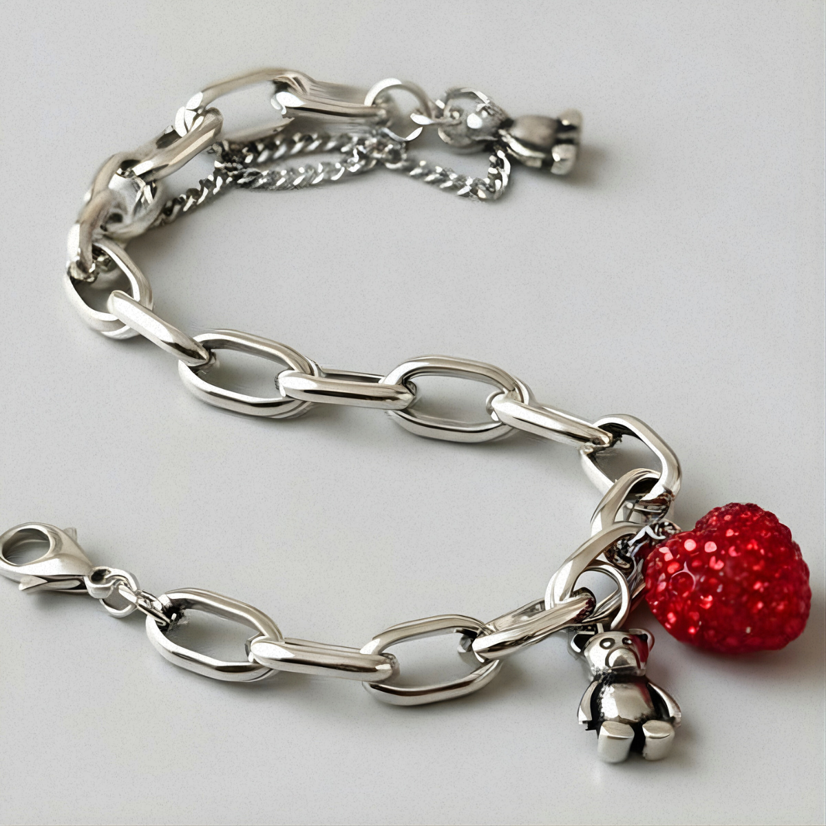 Pulsera de Plata 925 con colgante de oso y circonita de fresa roja - Berry