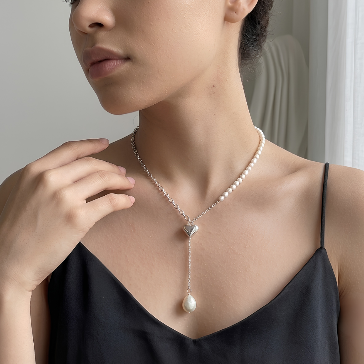Collar de Plata 925 con colgante de corazón y perlas - Juana