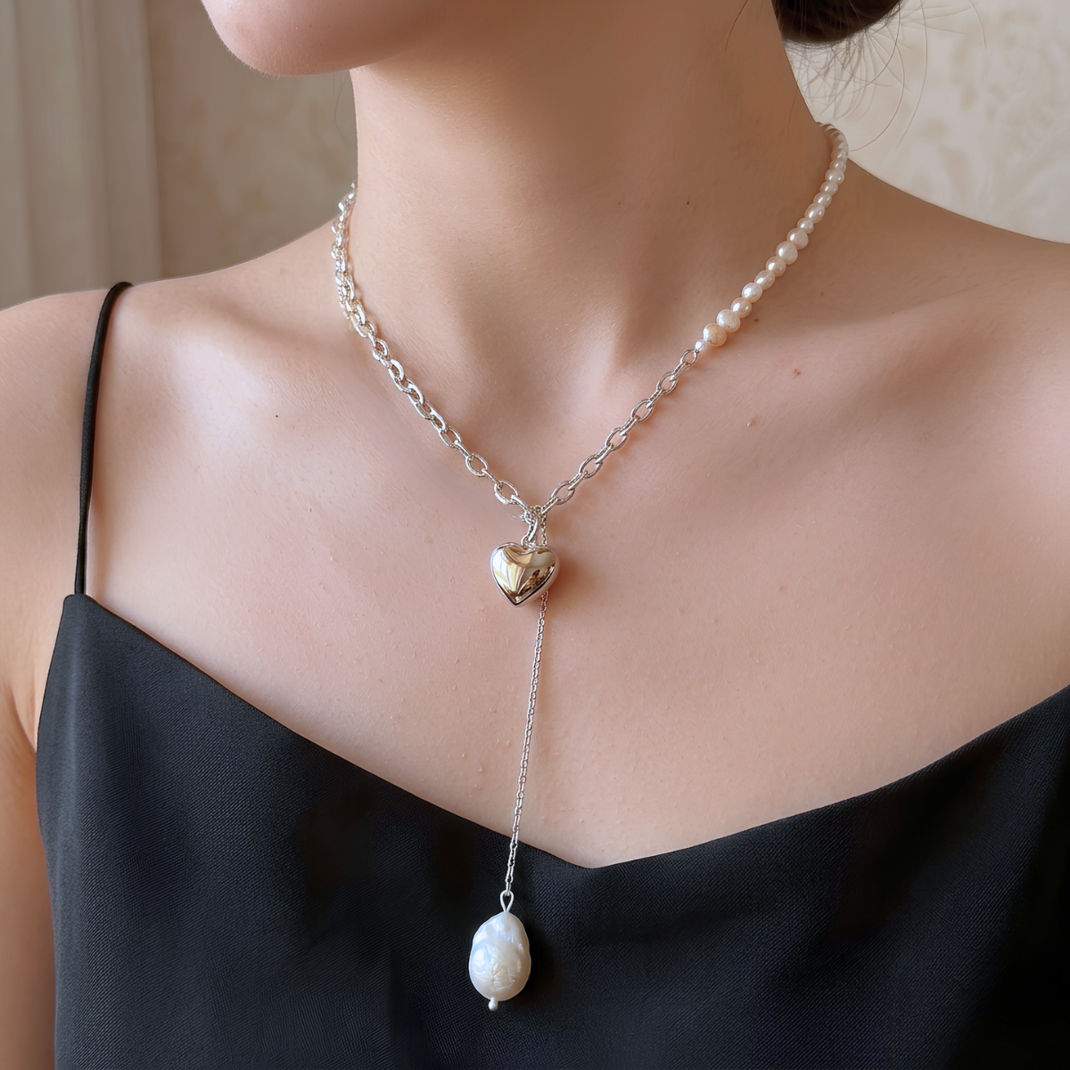 Collar de Plata 925 con colgante de corazón y perlas - Juana