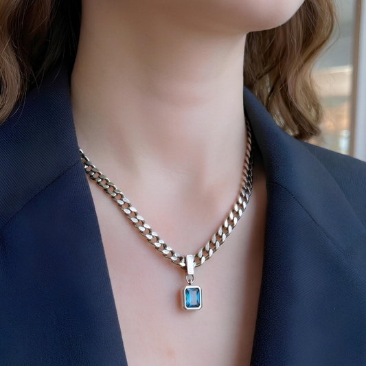 Collar de plata 925 con colgante de circonita azul - Océano
