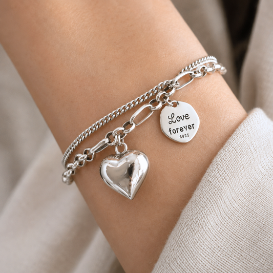 Pulsera de Plata 925 con doble cadena y colgante de corazón - Forever