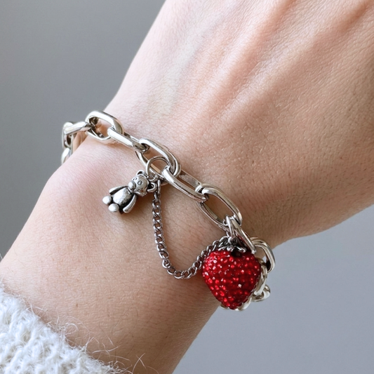 Pulsera de Plata 925 con colgante de oso y circonita de fresa roja - Berry