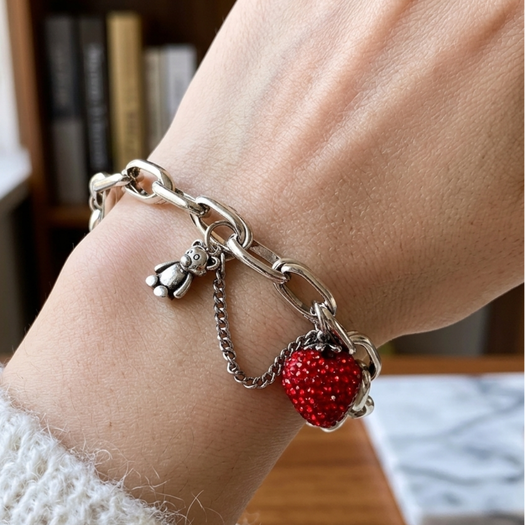 Pulsera de Plata 925 con colgante de oso y circonita de fresa roja - Berry
